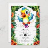 キュートウォーター色オウム誕生日 招待状 (正面/裏面)