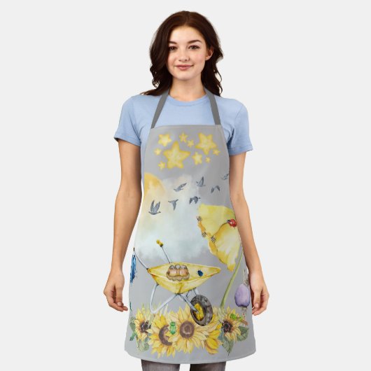 キュートウォーター色コテージコアイエローオングレー | エプロン (着用した状態)