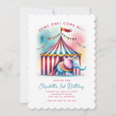 キュートウォーター色サーカスエレファント誕生日 招待状 (正面)