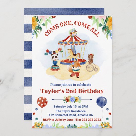 キュートウォーター色サーカスカーニバル子供の誕生日 招待状 (正面/裏面)