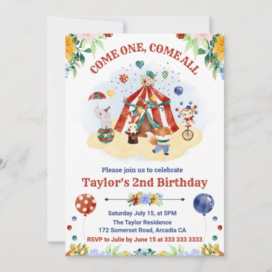 キュートウォーター色サーカスカーニバル子供の誕生日 招待状 (正面)