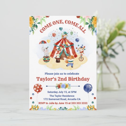 キュートウォーター色サーカスカーニバル子供の誕生日 招待状 (スタンド正面)