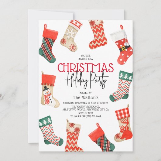 キュートウォーター色ストッキングクリスマスホリデーパーティー 招待状 (正面)