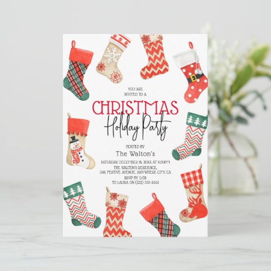 キュートウォーター色ストッキングクリスマスホリデーパーティー 招待状 (スタンド正面)