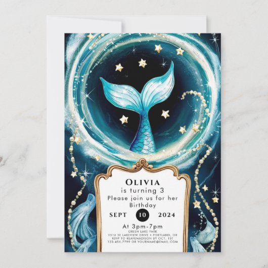 キュートウォーター色マーメイド誕生日 招待状 (正面)