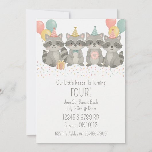 キュートウォーター色ラクーン誕生日招待状 招待状 (正面)