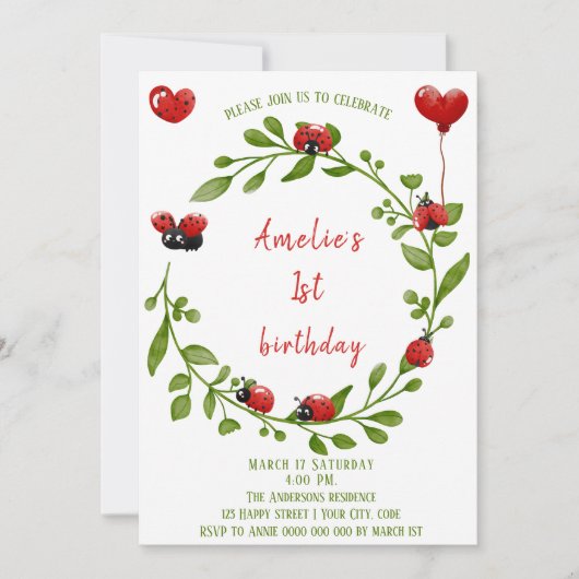 キュートウォーター色ラディバグ誕生日招待状 招待状 (正面)