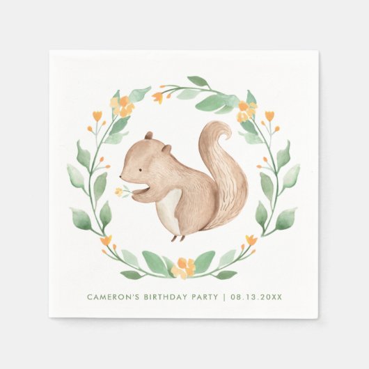 キュートウォーター色リスリースウッドランド誕生日 スタンダードカクテルナプキン (正面)