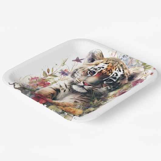 キュートウォーター色ワイルドタイガーカッブ子供の誕生日 ペーパープレート (傾斜あり)