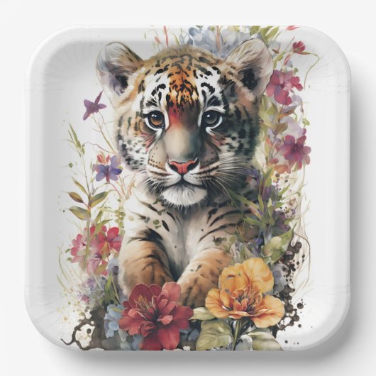 キュートウォーター色ワイルドタイガーカッブ子供の誕生日 ペーパープレート (正面)