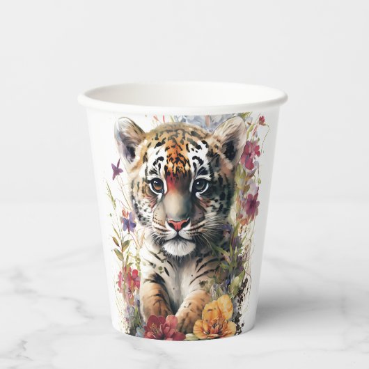 キュートウォーター色ワイルドタイガーカッブ子供の誕生日 紙コップ (正面)