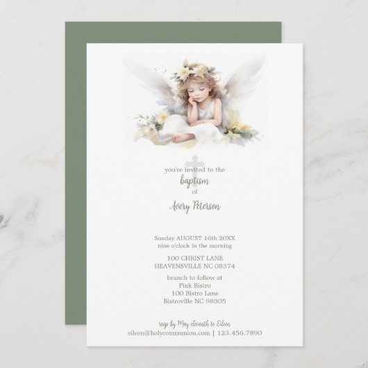キュートウォーター色小さな女の子エンジェルクロスバプテスマ 招待状 (正面/裏面)