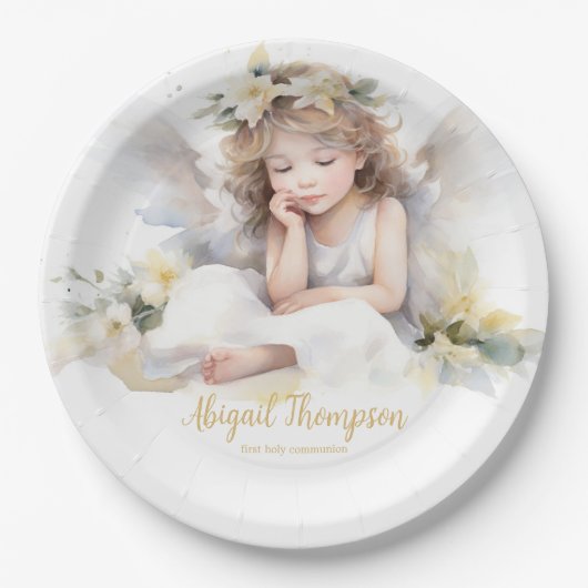 キュートウォーター色小さな女の子エンジェル宗教 ペーパープレート (正面)
