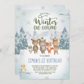 キュートウッドランドアニマルズウィンターオンダーランド誕生日 招待状 (正面/裏面)