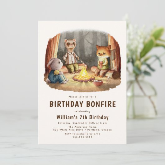 キュートウッドランドアニマルズボンファイヤーキャンプ誕生日 招待状 (スタンド正面)