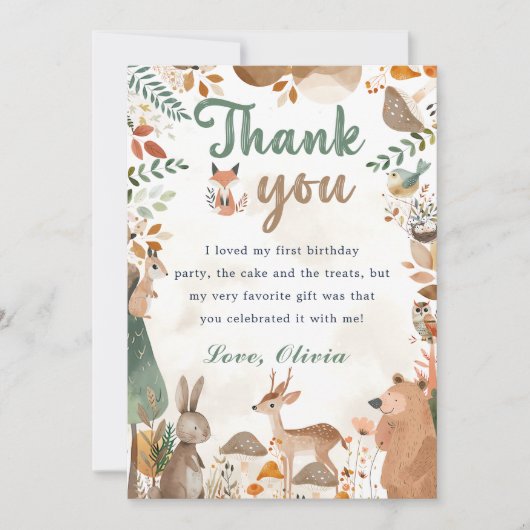 キュートウッドランドアニマルズ誕生日サンキューカード 招待状 (正面)