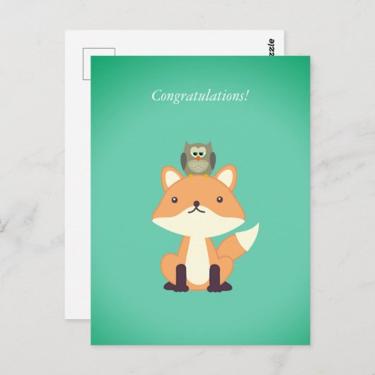 キュートウッドランドキツネとフクロウおめでとう生まれたばかりのベビー ポストカード (正面/裏面)