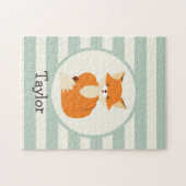 キュートウッドランドキツネオンセージグリーンストライプズ ジグソーパズル (横)