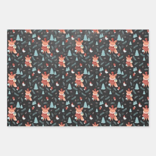 キュートウッドランドキツネブラッククリスマス ラッピングペーパーシート (正面)