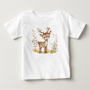 キュートウッドランドベビーディアウォーターカラーイラストレーション ベビーTシャツ