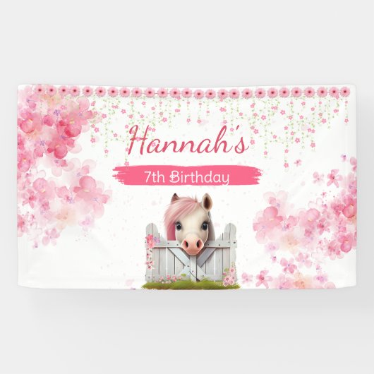 キュートウホース誕生日ピンクフローラパーソナライズされたパーティー 横断幕 (横)