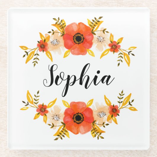 キュートウーターカラーサンゴフローラリースカスタム文字 ガラスコースター (正面)