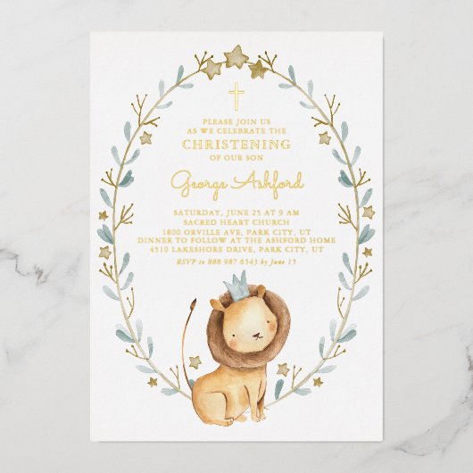 キュートウーターカラーライオンプリンス男の赤ちゃん《キリスト教》洗礼式や命名式 箔招待状 (正面)