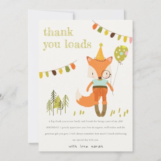 キュートエレガントウッドランドおもしろいパーティーキツネ子供の誕生日 サンキューカード (正面)