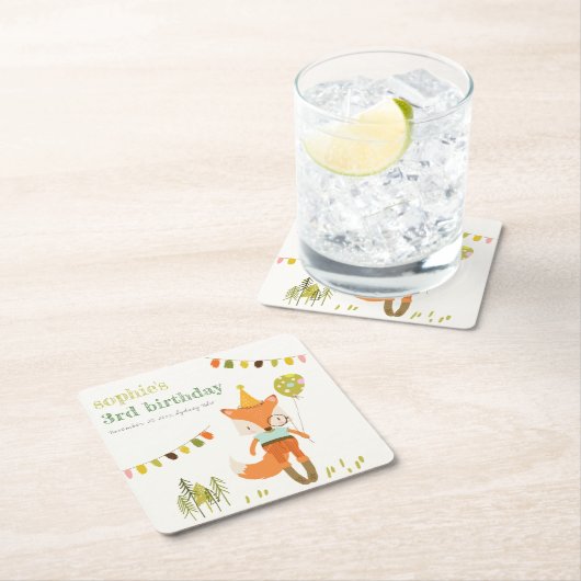 キュートエレガントウッドランドおもしろいパーティーキツネ子供の誕生日 スクエアペーパーコースター (インサイチュ)