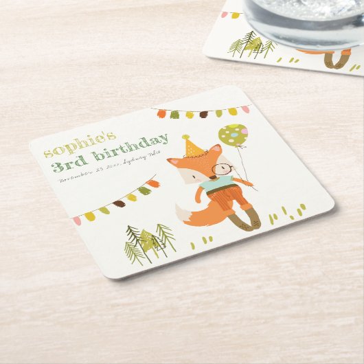 キュートエレガントウッドランドおもしろいパーティーキツネ子供の誕生日 スクエアペーパーコースター (アングル)