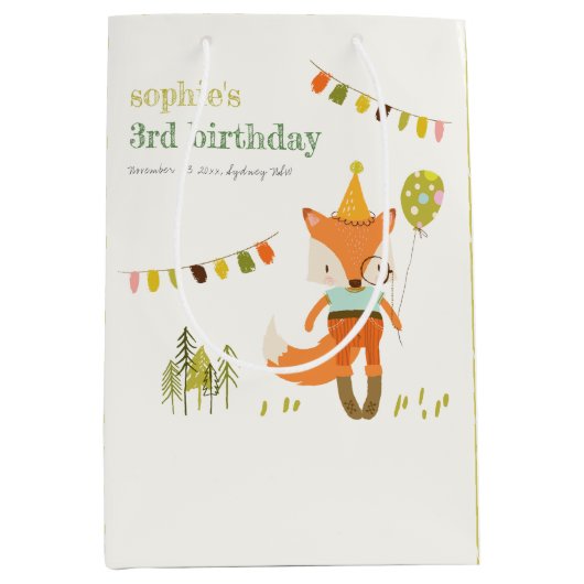キュートエレガントウッドランドおもしろいパーティーキツネ子供の誕生日 ミディアムペーパーバッグ (正面)