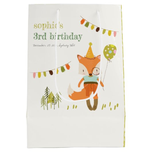 キュートエレガントウッドランドおもしろいパーティーキツネ子供の誕生日 ミディアムペーパーバッグ (裏面)