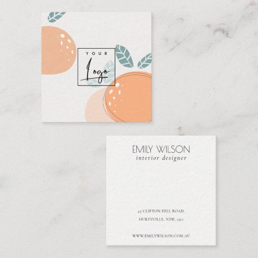 キュートエレガントオレンジ抽象芸術フルーティー柑橘系ロゴ スクエア名刺 (正面/裏面)