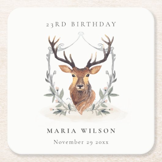 キュートエレガントダスキーディアーフローラ任意の年齢誕生日 スクエアペーパーコースター (正面)