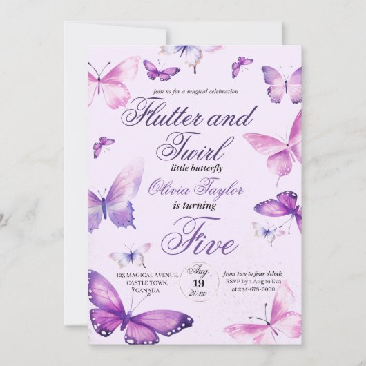 キュートエレガントバタフライガールズ5誕生日 招待状 (正面)