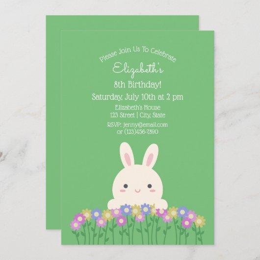 キュートエレガントバニー&フラワーズセージグリーン誕生日 招待状 (正面/裏面)