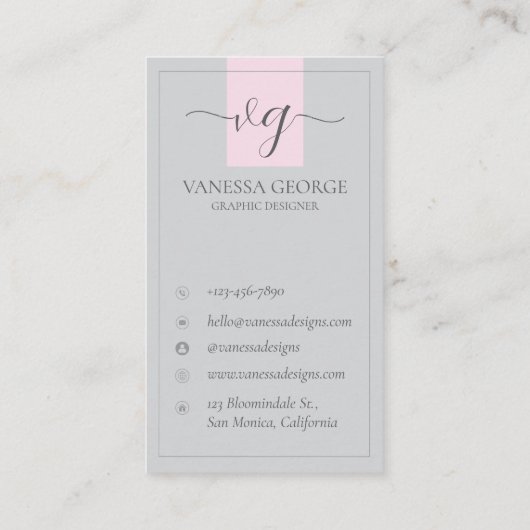 キュートエレガントピンクグレイモダンモノグラムカスタム 名刺 (裏面)