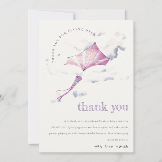 キュートエレガントピンク飛んでいるカイトスカイクラウド誕生日 サンキューカード (正面)