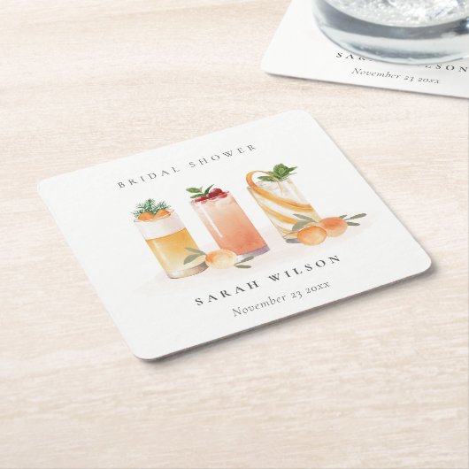 キュートエレガントフルーツカクテルオレンジブライダルシャワー スクエアペーパーコースター (アングル)