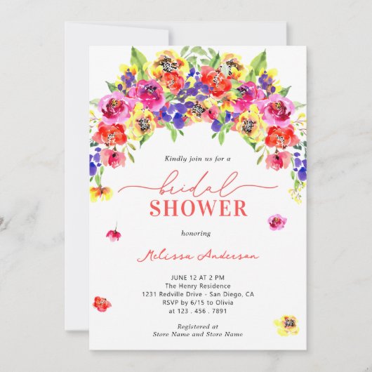 キュートエレガントブライトカラフルフローラブライダルシャワー 招待状 (正面)