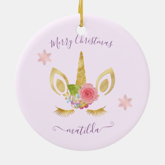 キュートエレガントメリークリスマス金ゴールドグリッターユニコーン セラミックオーナメント (裏面)