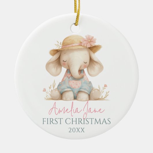 キュートエレファントイラストレーションガール初めてのクリスマス セラミックオーナメント (正面)