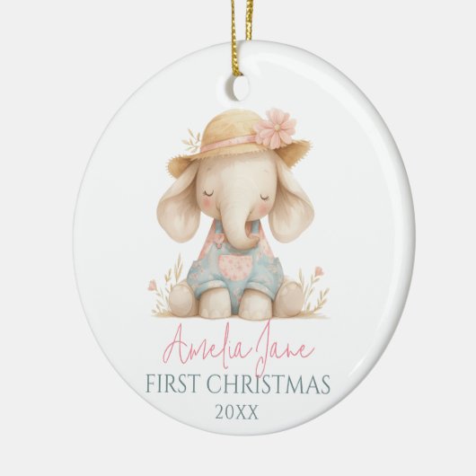 キュートエレファントイラストレーションガール初めてのクリスマス セラミックオーナメント (左)