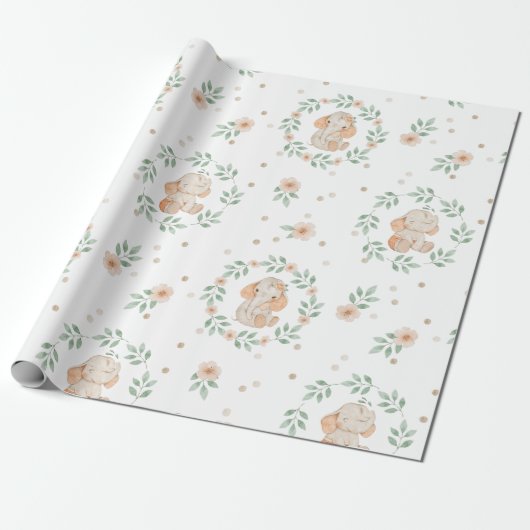 キュートエレファントウォーターカラーグリーンリースベイビーシャワー ラッピングペーパー (アンロールド)