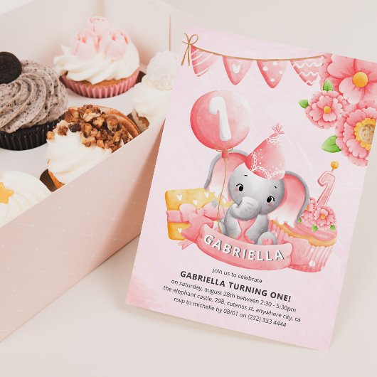 キュートエレファントガール1st誕生日パーティの招待状 招待状