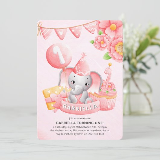 キュートエレファントガール1st誕生日パーティの招待状 招待状 (スタンド正面)