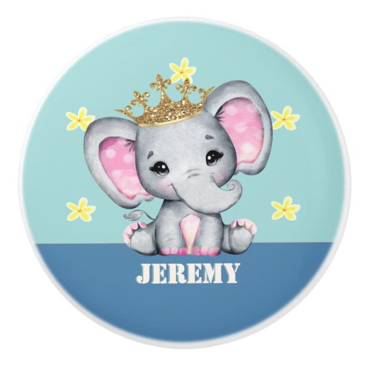 キュートエレファントクラウン子供部屋スタイルブルーカスタム文字 セラミックノブ (正面)