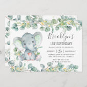 キュートエレファントグリーンリーユーカリ誕生日 招待状 (正面/裏面)