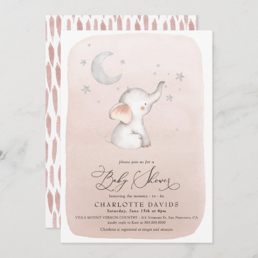 キュートエレファントスターズムーン赤面ガールベビーシャワー 招待状 (正面/裏面)