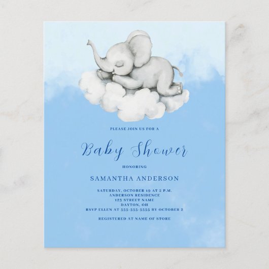 キュートエレファントバジェットボーイベビーシャワー招待状 チラシ (正面)